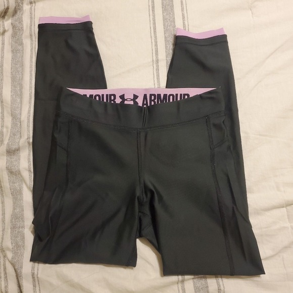 Under Armour Heat Gear Compression Athletic Run Leggings in Black Purple SZ:S - Picture 2 of 6
